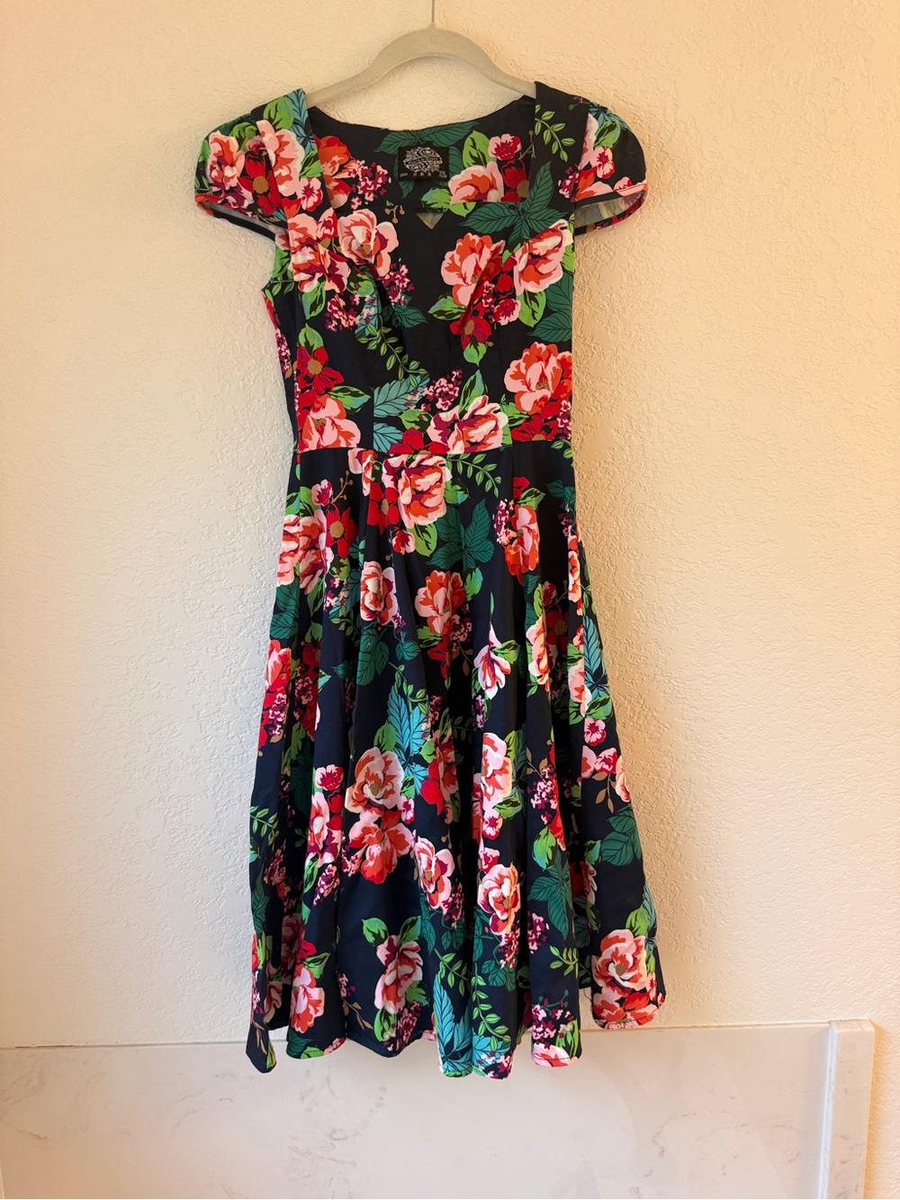 Floral Midi Fit-and-Flare Dress in Black and Pink